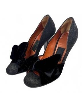 Lanvin Size 5.5 Black Felt, Velvet Bow Embellished Open Toe Sculpted 3.5 Heel